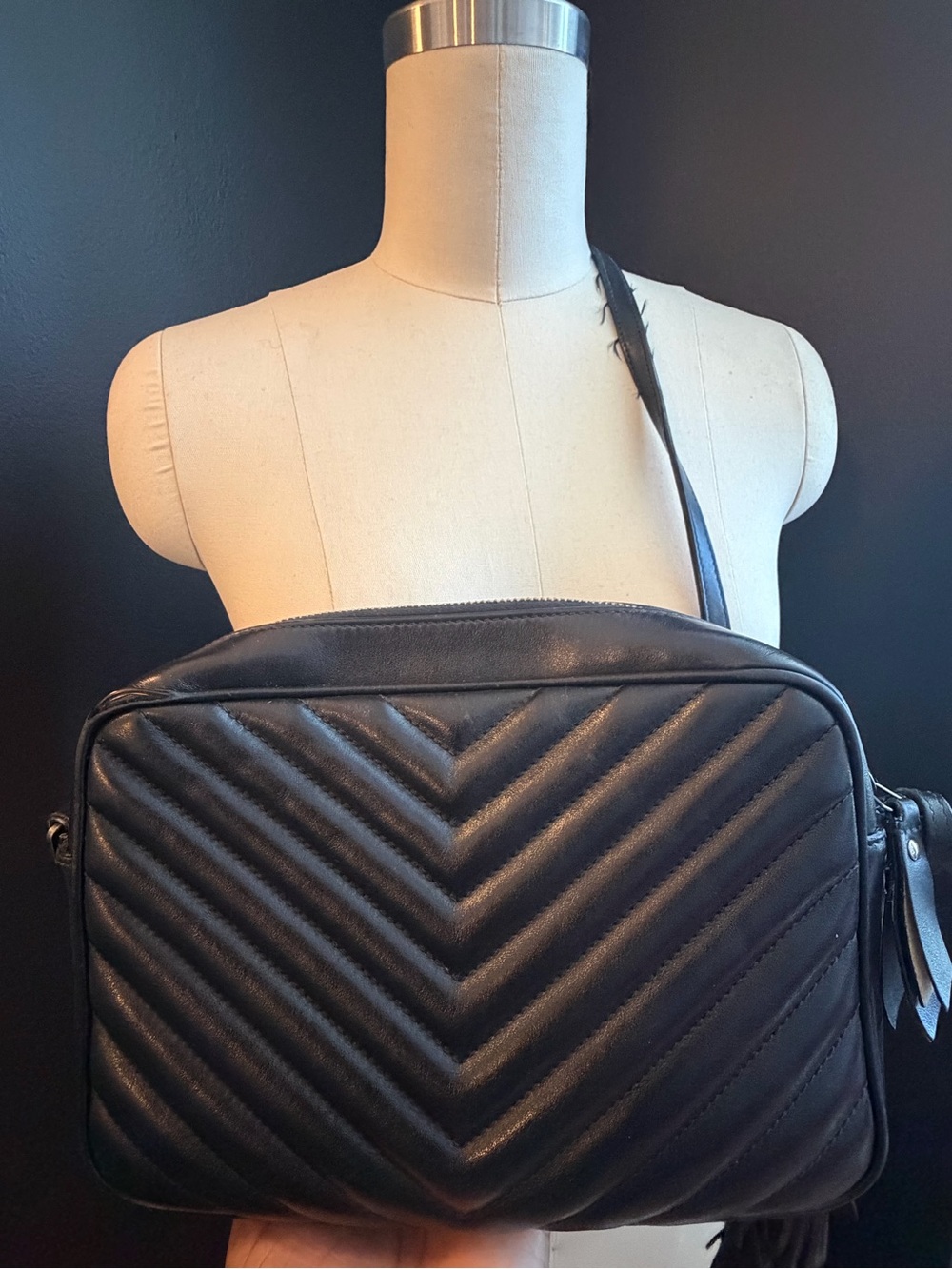 Saint Laurent Black Chevron Quilted Leather Crossbody with Tassel - Picture 7 of 8